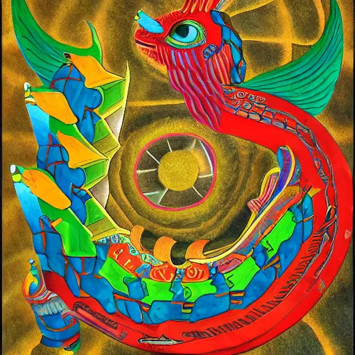 Prompt: quetzalcoatl creating the universe by par olofsson