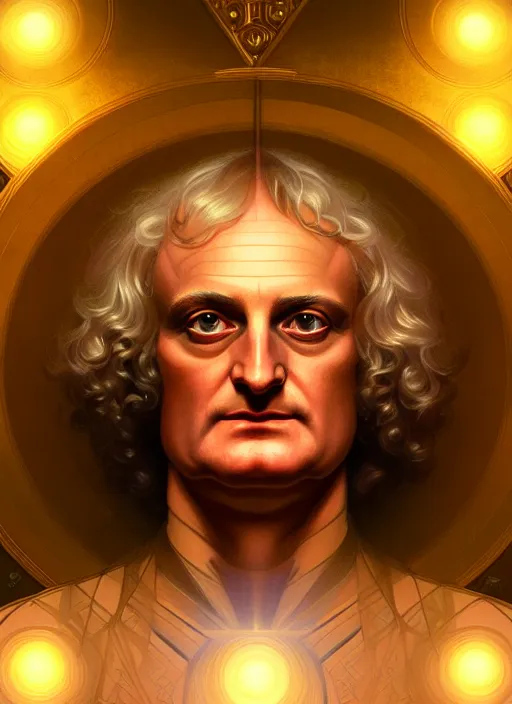 Image similar to symmetry portrait of isaac newton, glowing lights, intricate, elegant, highly detailed, digital painting, artstation, concept art, smooth, sharp focus, illustration, art by artgerm and greg rutkowski and alphonse mucha