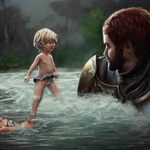 Image similar to a mighty knight saving child from drowning in the river, ultra realistic details, trending on artstation, 8 k