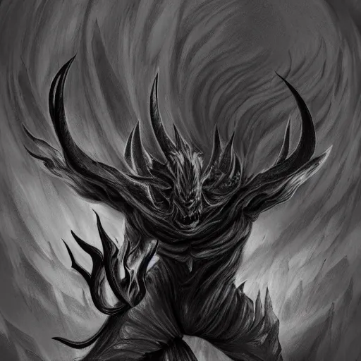 Image similar to full body grayscale drawing by Anato Finnstark of horned demon in dynamic pose, swirling flames