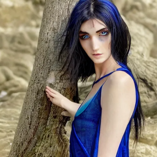 Image similar to raven haired seductive woman with stunning ocean blue irises with a beautiful face, sharp thin nose, fair skin, soft skin, long neck, and elf pointed ears showing bare shoulders