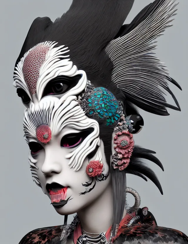 Image similar to 3 d goddess close - up profile portrait punk with mohawk with ram skull. beautiful intricately detailed japanese crow kitsune mask and clasical japanese kimono. betta fish, jellyfish phoenix, bio luminescent, plasma, ice, water, wind, creature, artwork by tooth wu and wlop and beeple and greg rutkowski