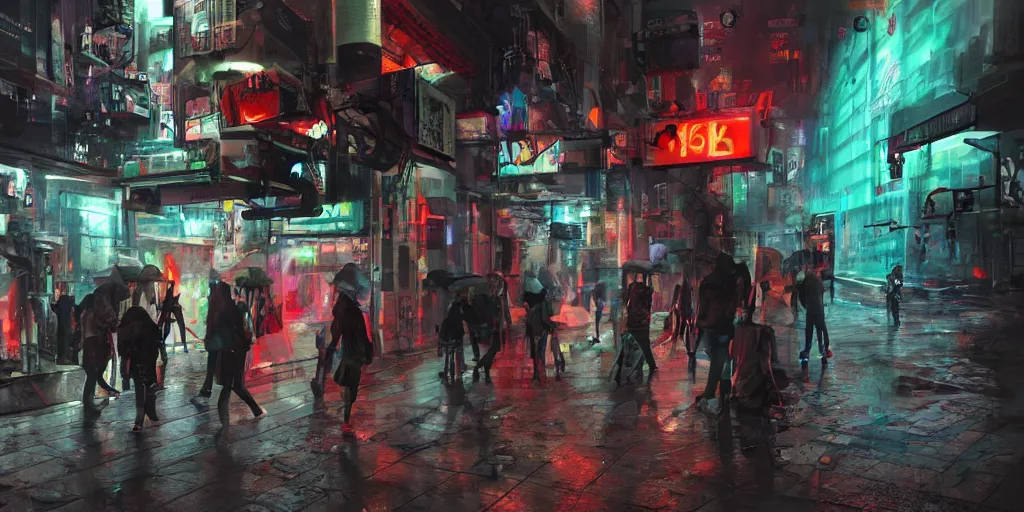 Image similar to teenagers with tech clothing and hoods and futuristic gas masks painting graffitis about chess pawns on the walls of a dystopian city, neon lights, sci - fi, night lights, rain and haze, concept art, intricate, photorealistic, in the style of katsuhiro otomo, akira, octane render, rtx, hdr, unreal engine