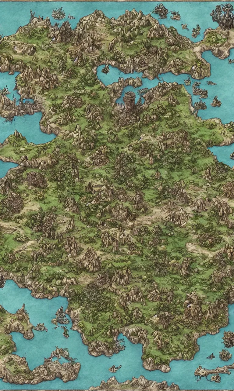 Image similar to an incredibly detailed map of a fantasy world with elaborate biomes and illustrations