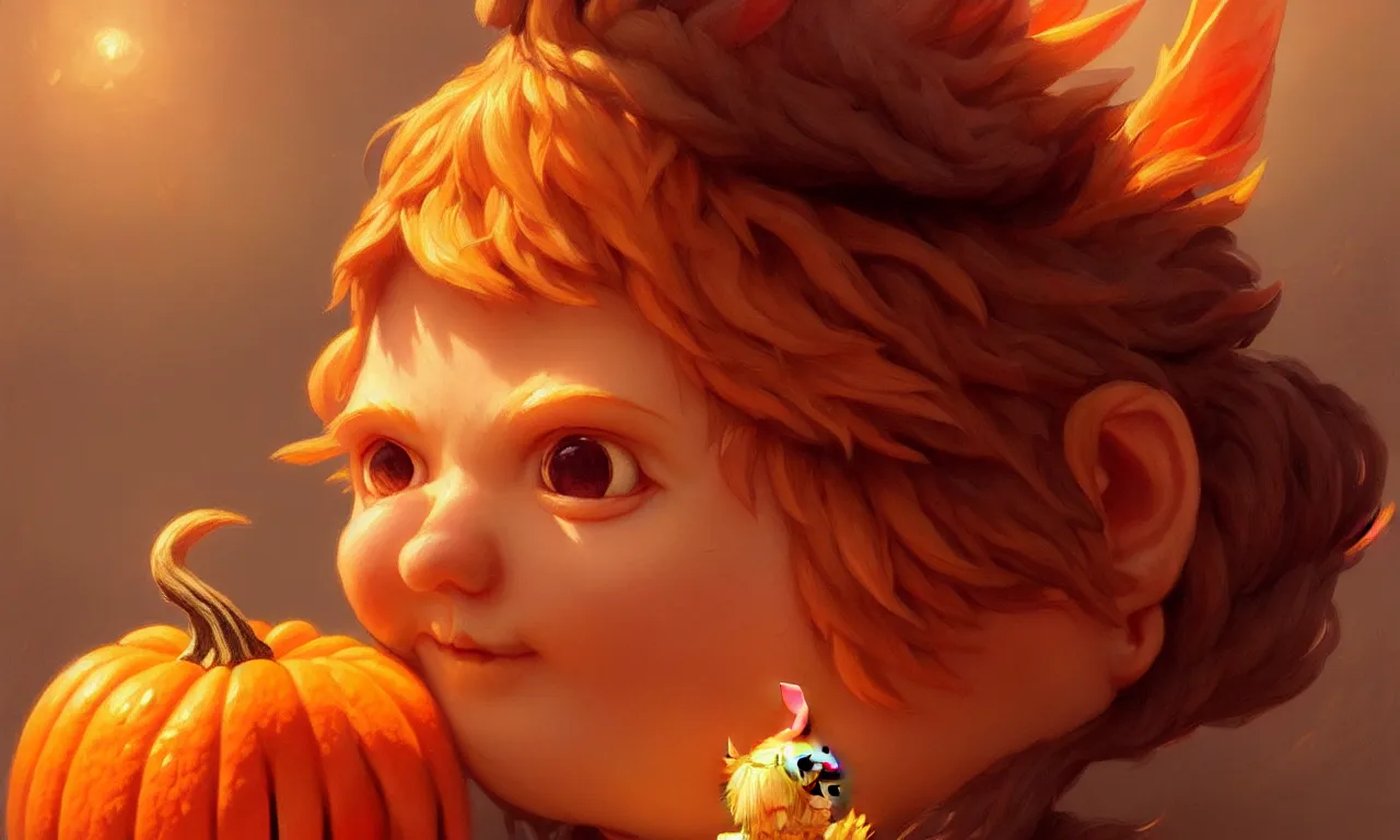 Image similar to hand drawn cute one gnomes face in autumn and pumpkin, detailed closeup face, concept art, low angle, high detail, warm lighting, volumetric, godrays, vivid, beautiful, trending on artstation, art by artgerm and greg rutkowski and alphonse mucha