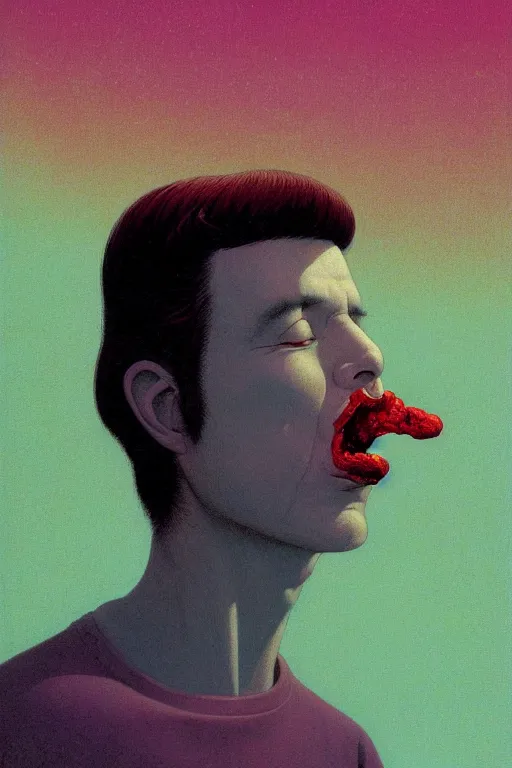 Image similar to a scifi closeup portrait of a young american man licking a blotter paper of LSD acid on his tongue and dreaming psychedelic hallucinations in cosmos, by kawase hasui, moebius, Edward Hopper and James Gilleard, Zdzislaw Beksinski, Steven Outram colorful flat surreal design, hd, 8k, artstation