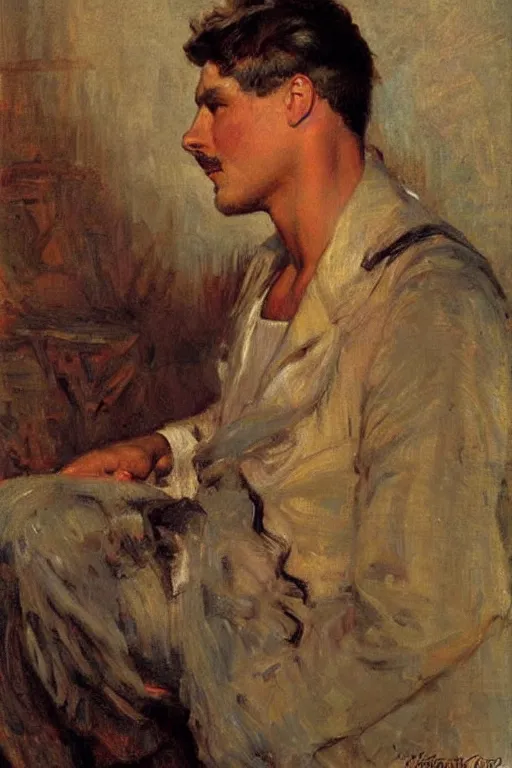 Image similar to attractive male, painting by gaston bussiere, j. c. leyendecker