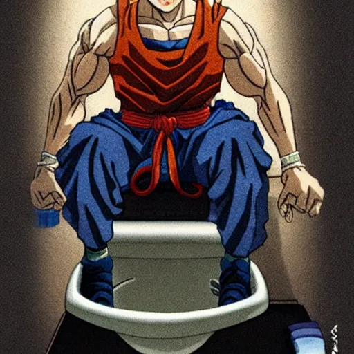 Prompt: highly detailed pen and ink shonen jump son goku sitting on toilet seat powering up illustrated by constipated akira toriyama