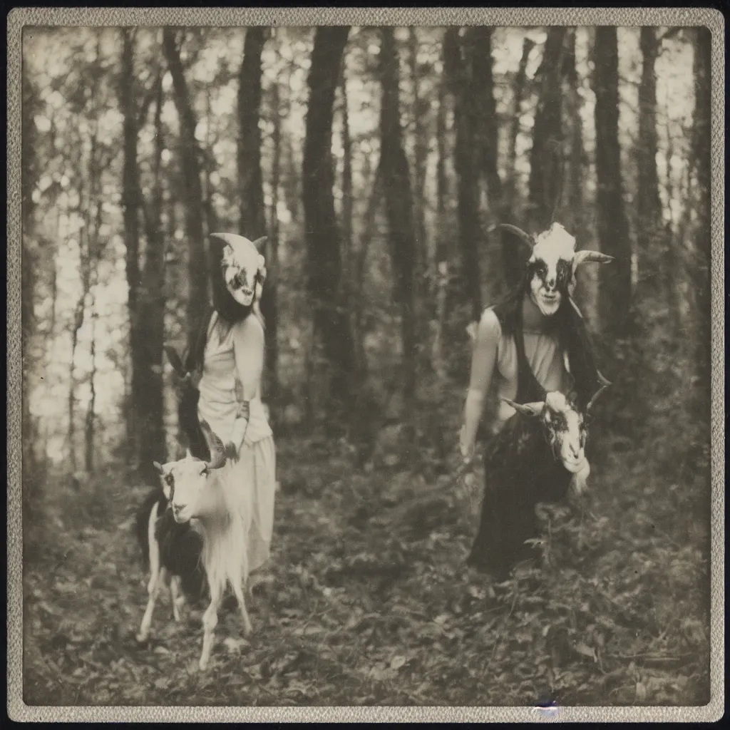Prompt: polaroid vintage of a woman with black goat mask in the forest, occult