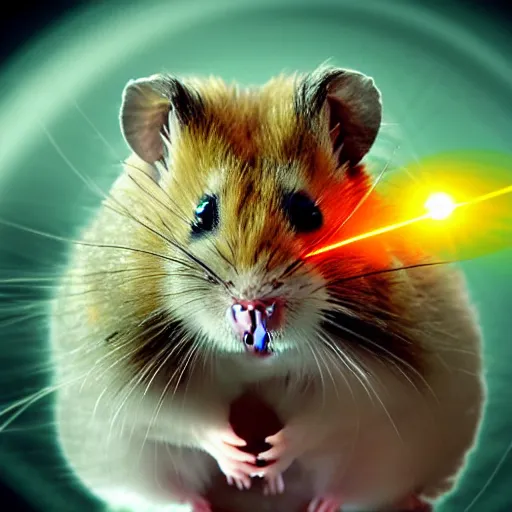 Image similar to evil hamster as the villain in a james bond film with head mounted laser cannons, digital art