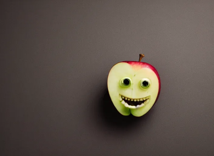 Image similar to photo still of an apple with human teeth, 8 k, studio lighting bright ambient lighting key light, 8 5 mm f 1. 8