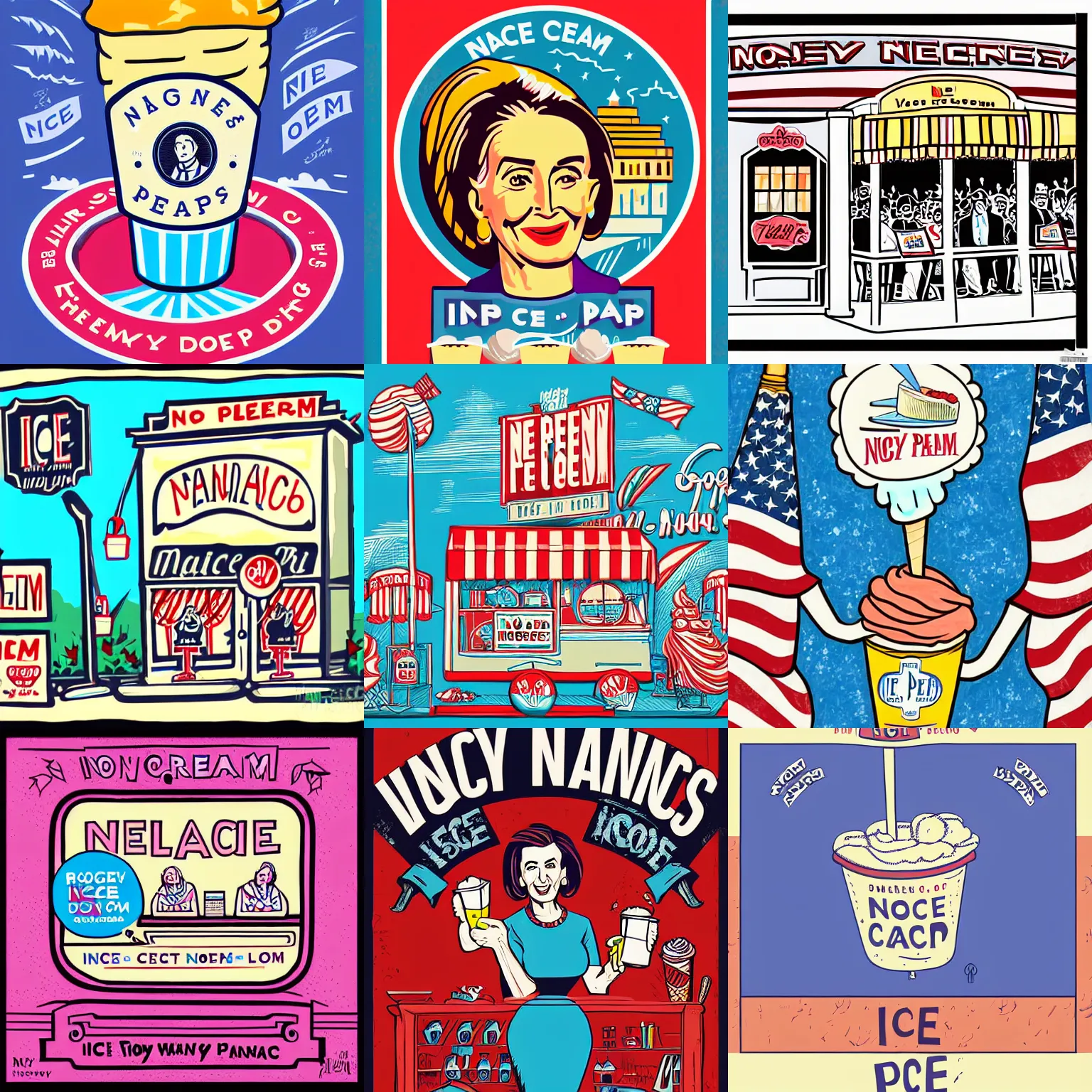 Prompt: nancy pelosi ice cream shop, intricate propaganda illustration by tim doyle