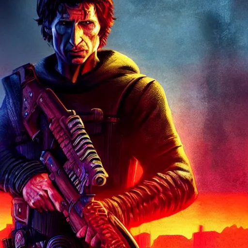 Image similar to todd howard with a pistol, forcing you to buy skyrim, threatening, sharp, cinematic, colorful, digital art, neon, bright, cyberpunk, blade runner 2 0 4 9, realism, bold