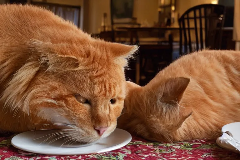 Prompt: large overweight orange cat eating lasagna by Roger Deakins