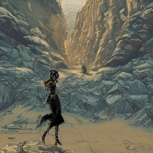 Prompt: a steampunk woman walks in the desert, in the distance you can see a futuristic city, art by moebius, highly detailed, sharp focus,