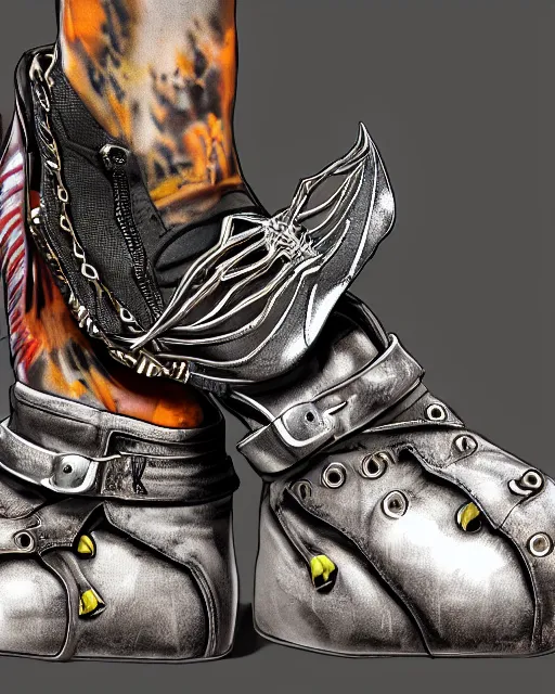 Image similar to stylish shoe design,One pair of shoes, killer boots, scorpions, spiders, high soles, battle shoes, metal, heavy metal rave shoes, photorealistic, high resolution, highly detailed, details, good clear quality