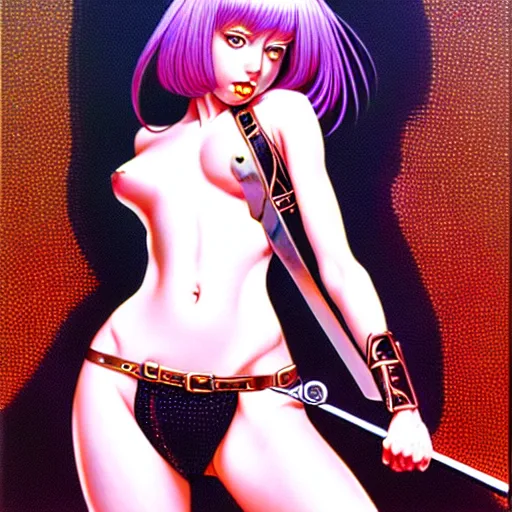 Prompt: pixel girl with sword, by hajime sorayama