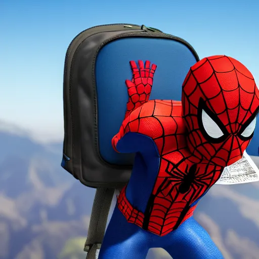 Image similar to Hyperrealistic photo of traveler spider-man carrying backpack and holding map on the mountain