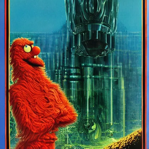 Image similar to elmo in the style of a 7 0 s science fiction novel cover, highly detailed, bruce pennington, peter jones