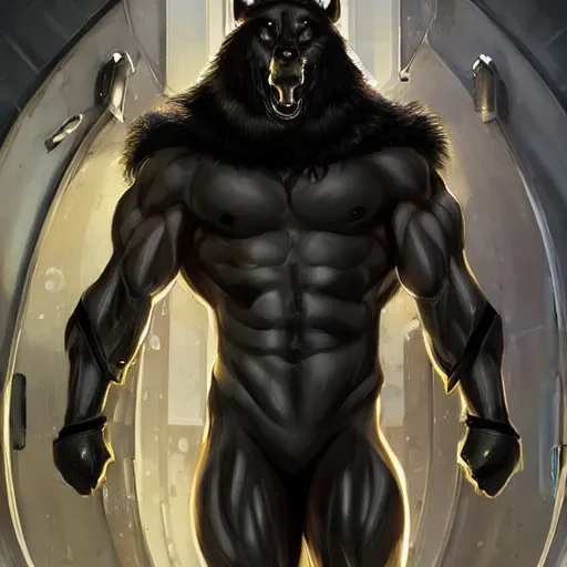 Image similar to splash art of a hyper - muscular black - coated anthropomorphic horse character in a research facility wearing a combat kevlar outfit, long hair, exaggerated muscles, highly detailed, furry, furaffinity, digital painting, artstation, sharp focus, illustration, art by artgerm, greg rutkowski, alphonse mucha
