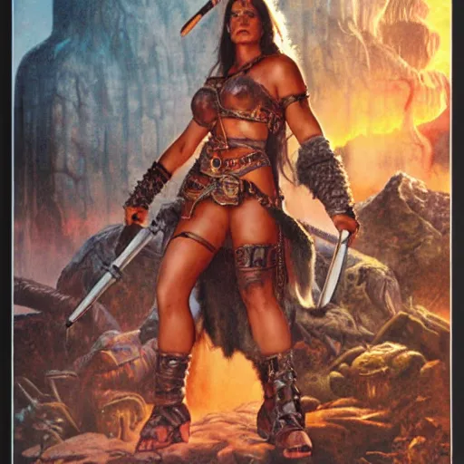 Prompt: a female barbarian posing over a defeated monster, detailed poster by Drew Struzan