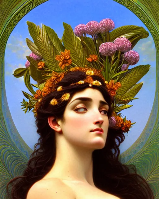 Prompt: goddess of nature, unusual beauty, fauna, flowers, plants, emotionally evoking symbolic metaphors, head in focus, fantasy, ornamental, intricate, elegant, sensual, highly detailed digital painting, artstation, concept art, painterly, golden ratio, sharp focus, illustration, art by John William Godward and Alphonse Mucha and Boris Vallejo and Arcimboldo and Zdzisław Beksiński,