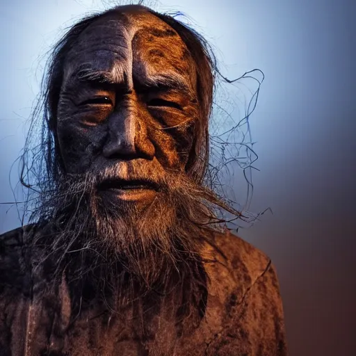 Prompt: full body shot of hanging old asian man with long beard, his head covered in roots, full face occult silver mask, bright multiple glowing eyes, holding a large carved wooden dark fractal stick, hanging upside down, thick smoke around him, in the burning soil desert, cinematic shot, wide angle, dark desert background, volumetric lighting by Denis Villeneuve, Lubezki, Gaspar Noe, Christopher Doyle and Alejandro Jodorowsky, anamorphic lens, anamorphic lens flares, kodakchrome, cinematic composition, practical effects, award winning photo, 8k