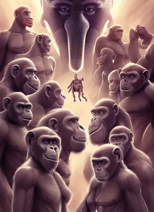 Image similar to of group of ape kids with super powers getting ready for battle against the heavens, symmetrical, perfect face anatomy, establishing cinematic movie scene of a cinematic scene!, intricate, elegant, highly detailed, lotus flower, artstation, art by artgerm, anime, stylish, concept art, smooth, sharp focus, wlop