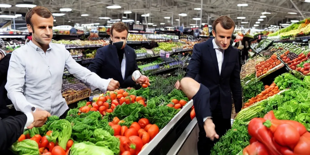 Prompt: macron buying vegetables in a supermarket