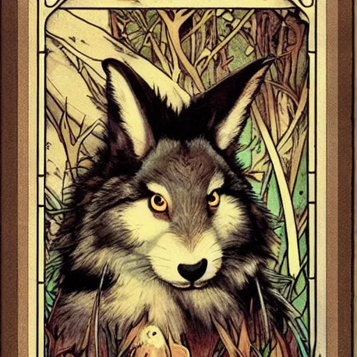 Prompt: a rabbit wolf poster, mucha