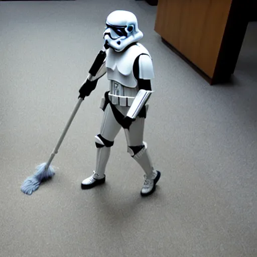 Prompt: a stormtrooper mopping the floor