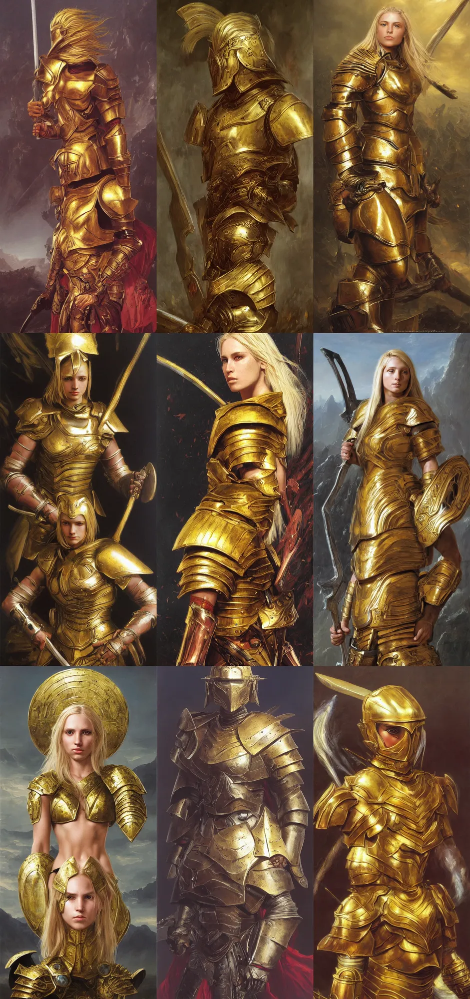 Prompt: beautiful female warrior, half body portrait, blond hair, heavy gold armour, realistic oil painting by Thomas Cole and Wayne Barlowe