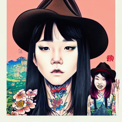 Image similar to full view of taiwanese girl with tattoos, wearing a cowboy hat, style of yoshii chie and hikari shimoda and martine johanna and will eisner, highly detailed