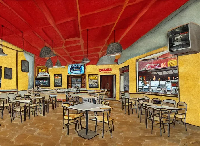 Image similar to digital painting of the inside of a pizzeria in italy,