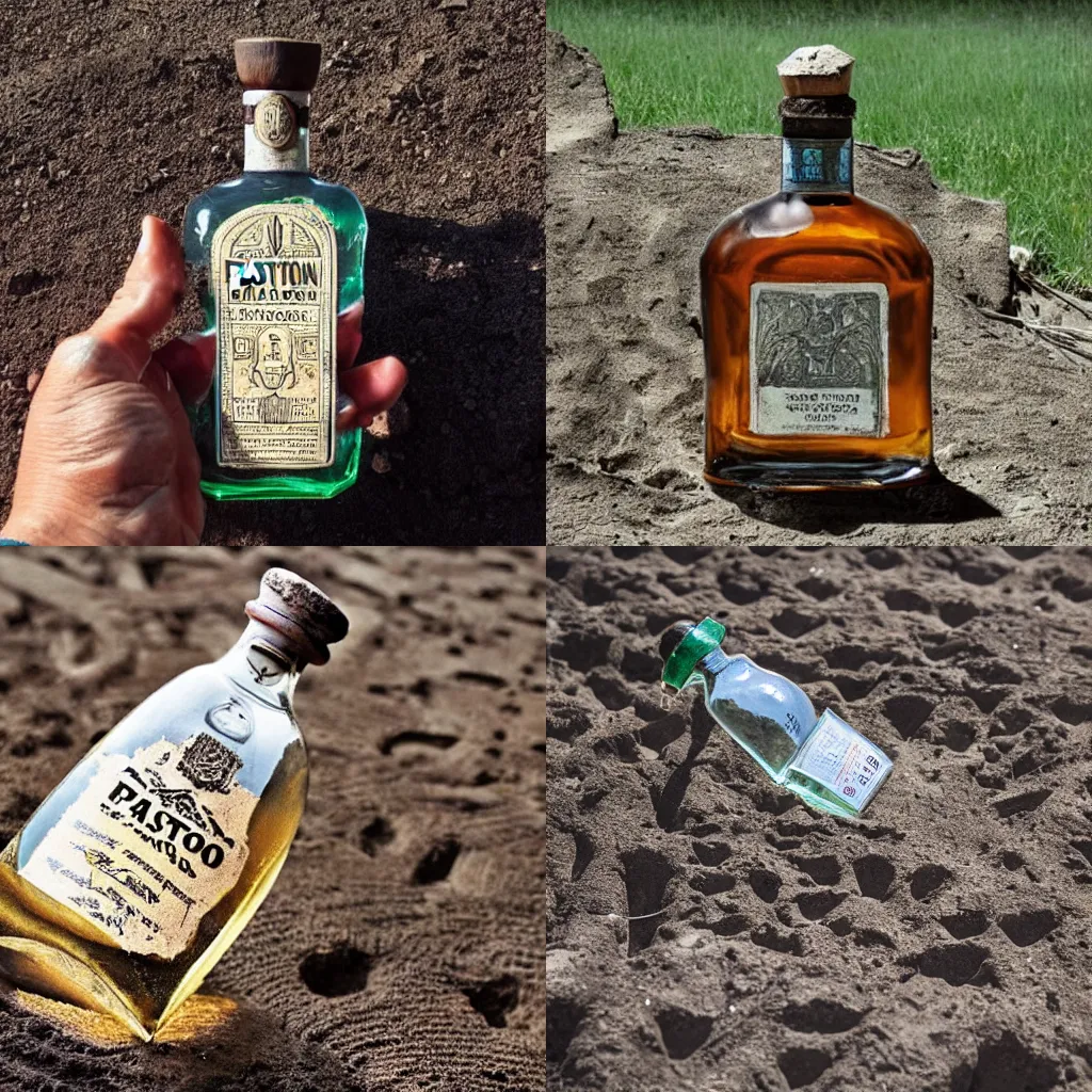 Prompt: an ancient bottle of Patrón tequila unearthed at an archaeological dig.