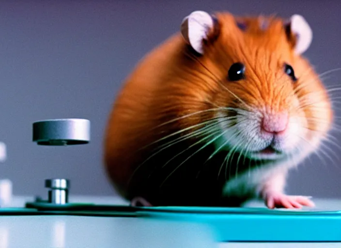 Image similar to film still of a hamster working in a research lab using a tiny microscope, 8 k