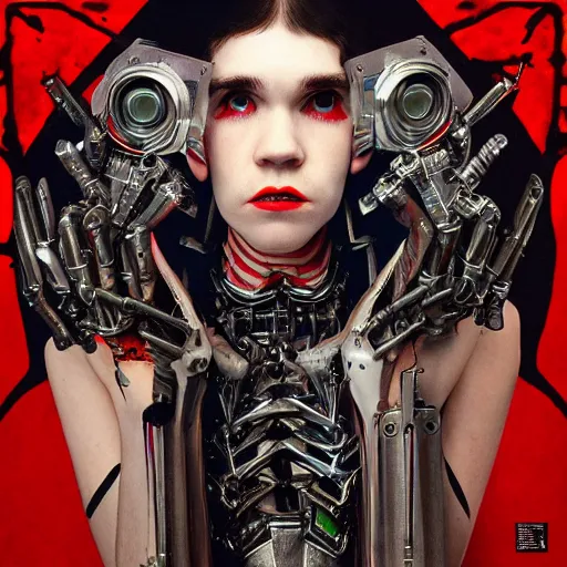 Image similar to album cover of Grimes as an evil robot cyborg character in a romantic pre-raphaelite style