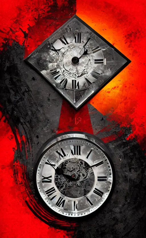 Image similar to a melting Roman numeral clock, behind a red and black gradient background, awith a black heart shaped on the top left corner and a black diamond card shape in the bottom right corner, dynamic lighting, photorealistic fantasy concept art, trending on art station, stunning visuals, cinematic, creative, ultra detailed