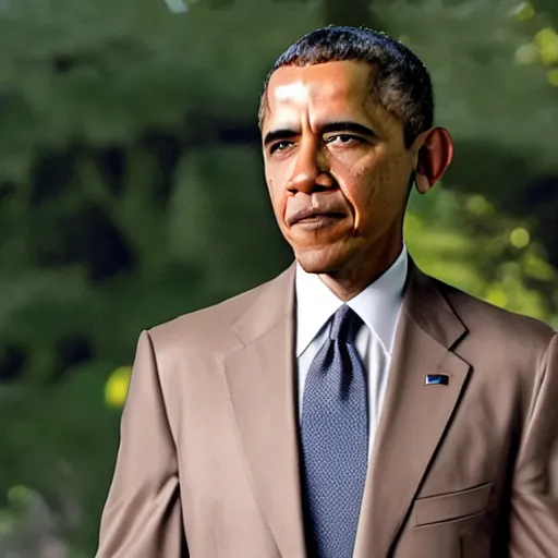 Prompt: Movie still of Barack Obama in a tan suit