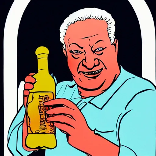 Image similar to yeltsin with red eyes holding a bottle of vodka, scary art in color