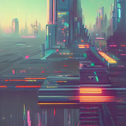 Image similar to a man standing on top of a bridge over a city, cyberpunk art by James Gilleard, cgsociety, retrofuturism, synthwave, cityscape, 2d game art