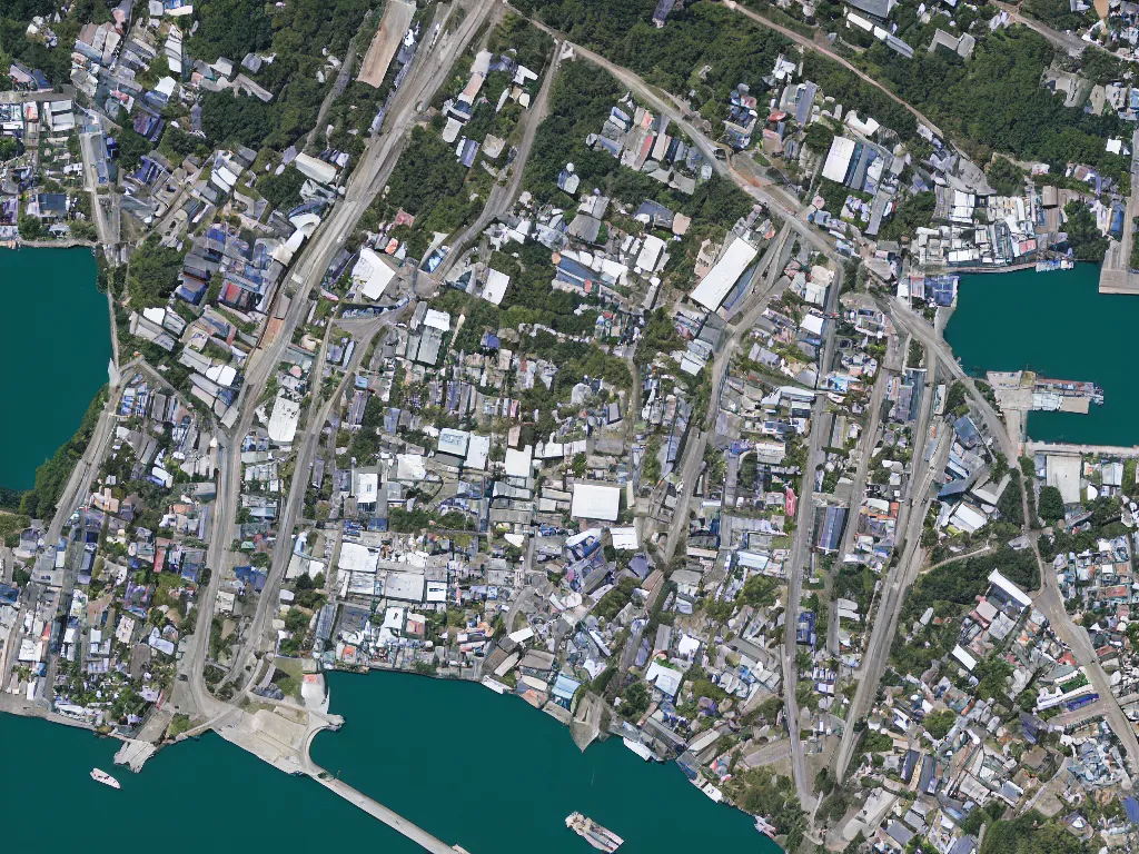 Image similar to satellite imagery of a small city with shops, shipping dock, and beach to the south. a bridge crosses a big lake, with a town hall, marketplace, and towers to the north. there is a field in the middle of the city. small hills and woods north of the city