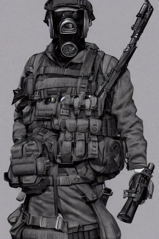 Image similar to british sas operative with the standard s 1 0 gas mask and the black uniform, 8 0 s, artstation, trending on artstation, establishing shot