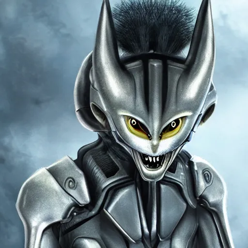 Prompt: a futuristic humanoid with cat-like features, yellow eyes, teeth that protrude past the lower lip and fine grayish fur on their faces and backs of their hands wearing alien armor and carrying an energy rifle