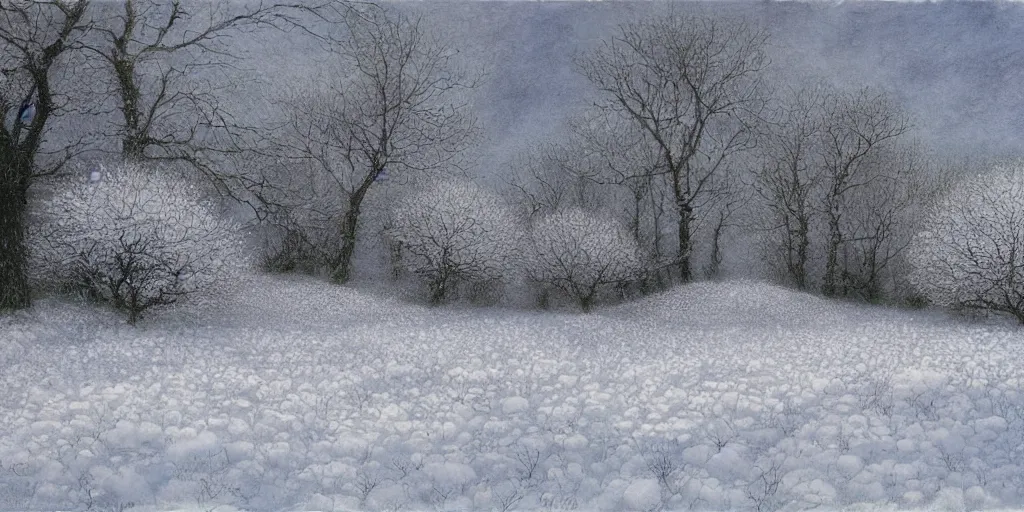 Image similar to Artwork by John Howe of huge piles of white petals here make this clearing look like a snowy wonderland.