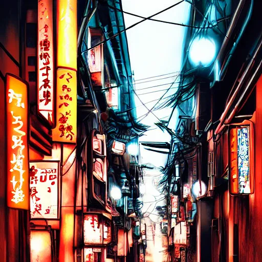 Prompt: japan narrow street with neon signs and a girl with umbrella wearing techwear, digital art, sharp focus, wlop, artgerm, beautiful, award winning, cyberpunk color style