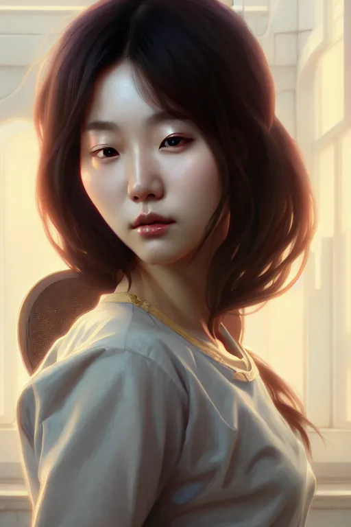 Prompt: beautiful digital painting of lee jin - eun gray background with high detail, 8 k, stunning detail, works by artgerm, greg rutkowski and alphonse mucha, unreal engine 5, 4 k uhd