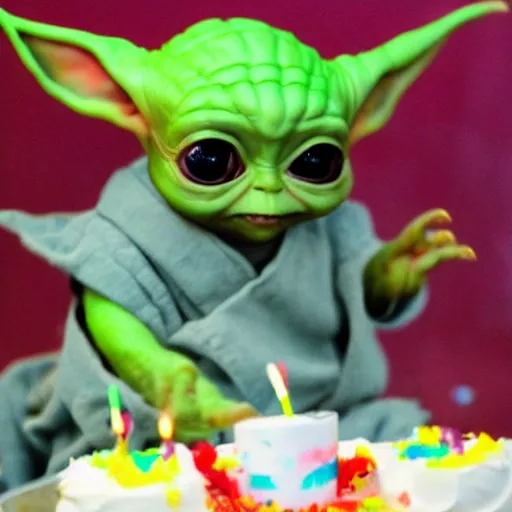 Image similar to (baby yoda) smashing birthday cake into his face, happy birthday, happy birthday candles, mischievous, inquisitive, devious, hilarious, funny, birthday wrapped PRESENTS, by Erin Hanson