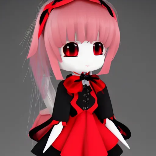 Image similar to cute fumo plush of a gothic maiden in a red and black uniform, laces and ribbons, soft shadow, anime girl, vray