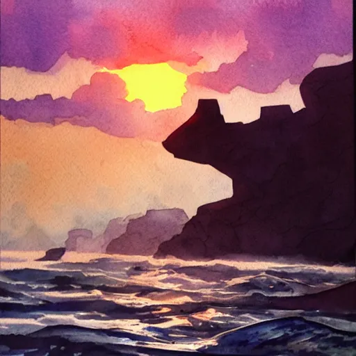 Image similar to atlantide at sunrise. watercolor. trending on artstation.